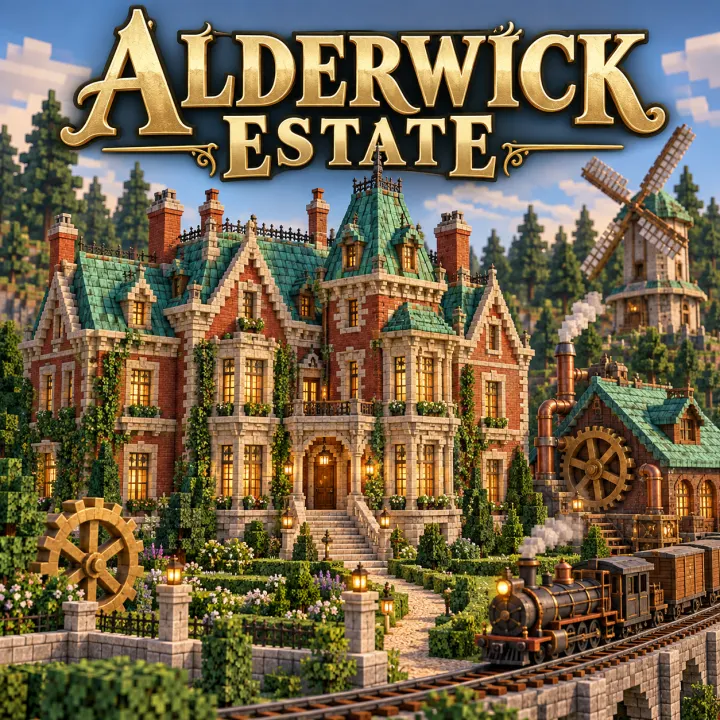 Painted key art of Alderwick Estate: a red-brick Victorian house with verdigris roofs, a windmill, a waterwheel works, and a steam train on a viaduct below lamp-lit gardens.